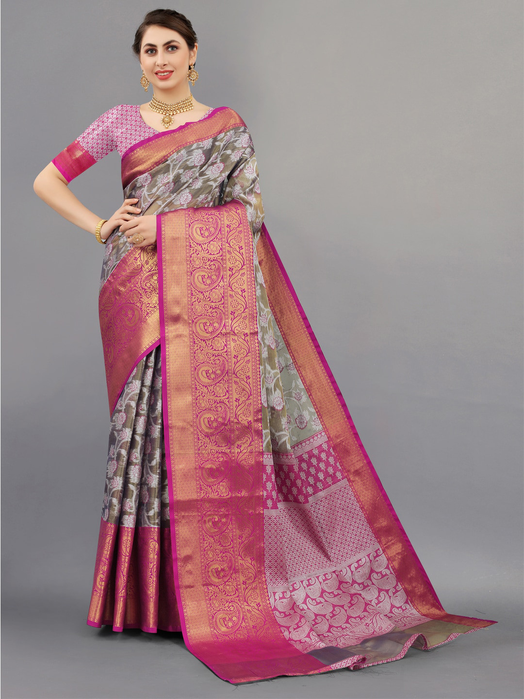 

JATRIQQ Floral Woven Design Zari Saree, Grey