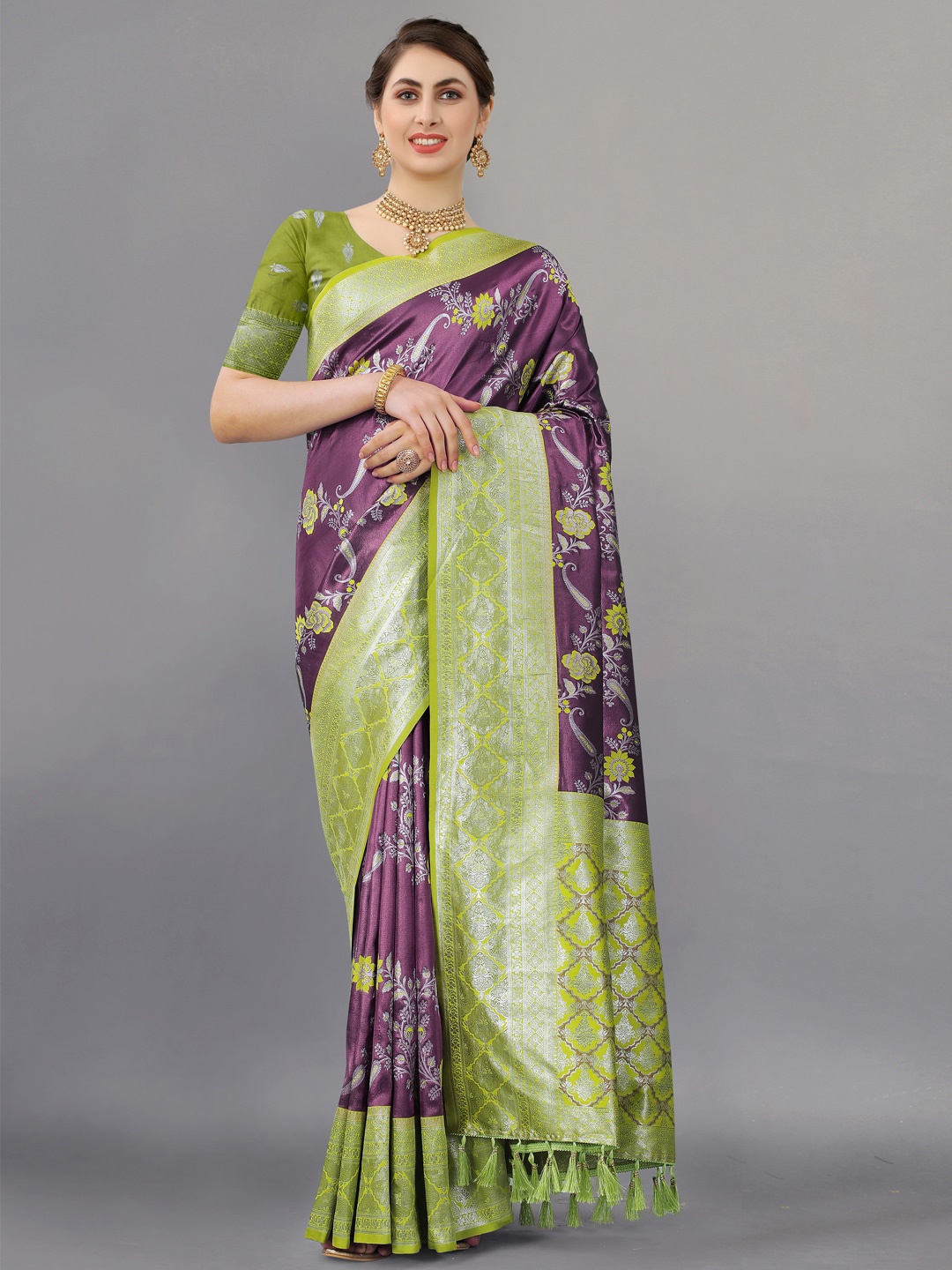

JATRIQQ Floral Woven Design Zari Kanjeevaram Saree, Purple
