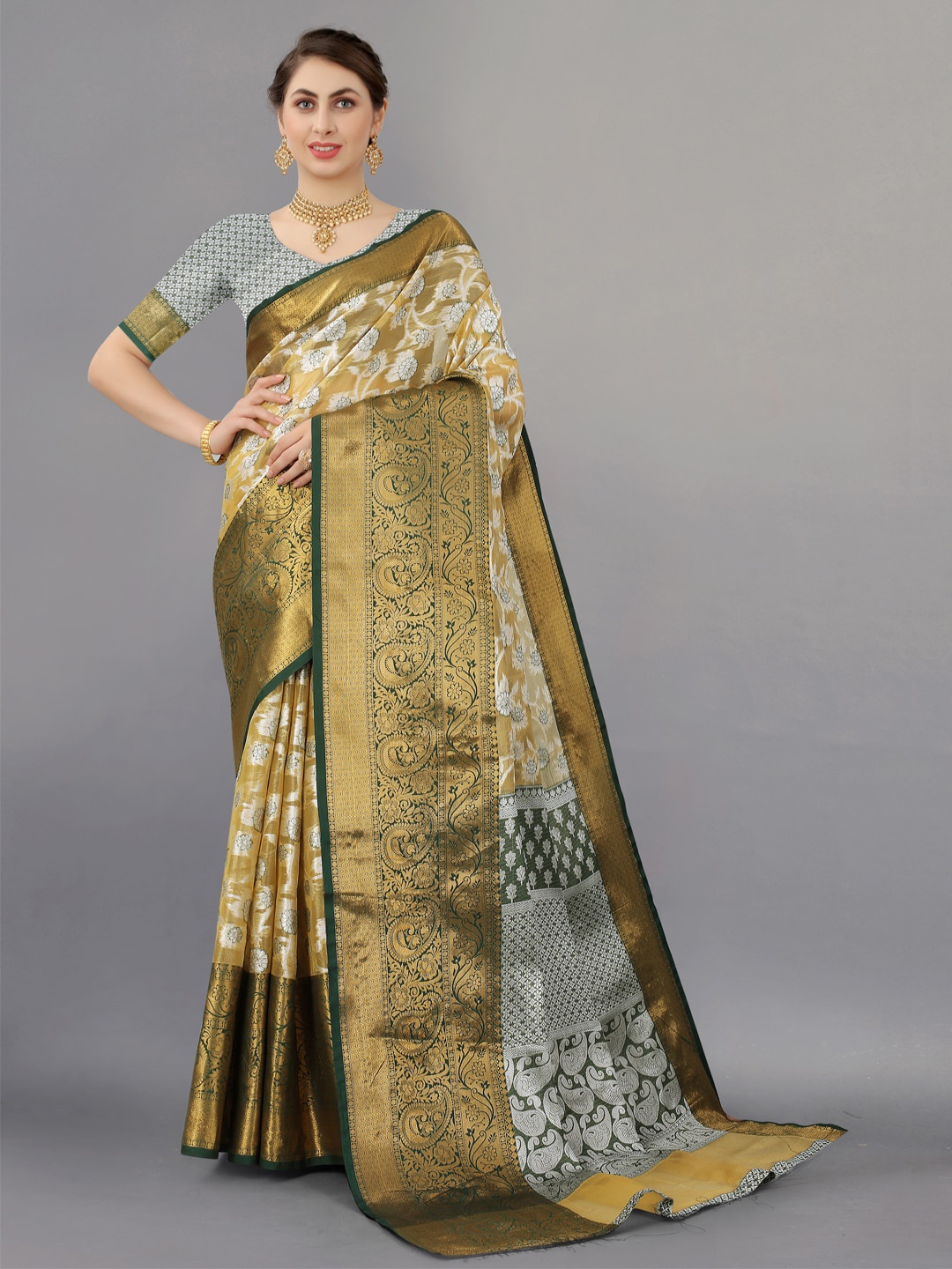 

JATRIQQ Floral Woven Design Zari Saree, Yellow