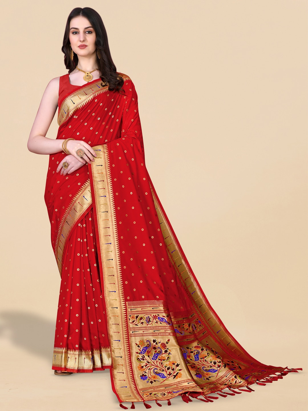 

JATRIQQ Woven Design Zari Paithani Saree, Red