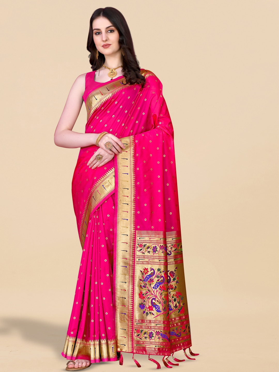 

JATRIQQ Woven Design Zari Paithani Saree, Pink