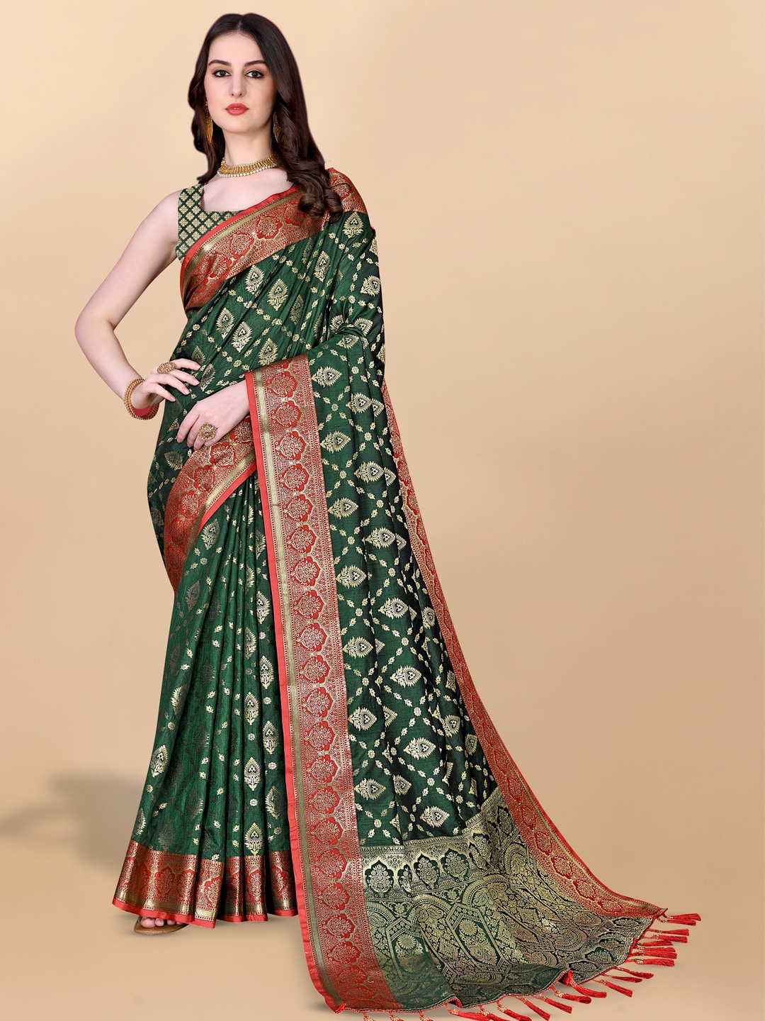 

JATRIQQ Ethnic Motifs Woven Design Zari Saree, Green