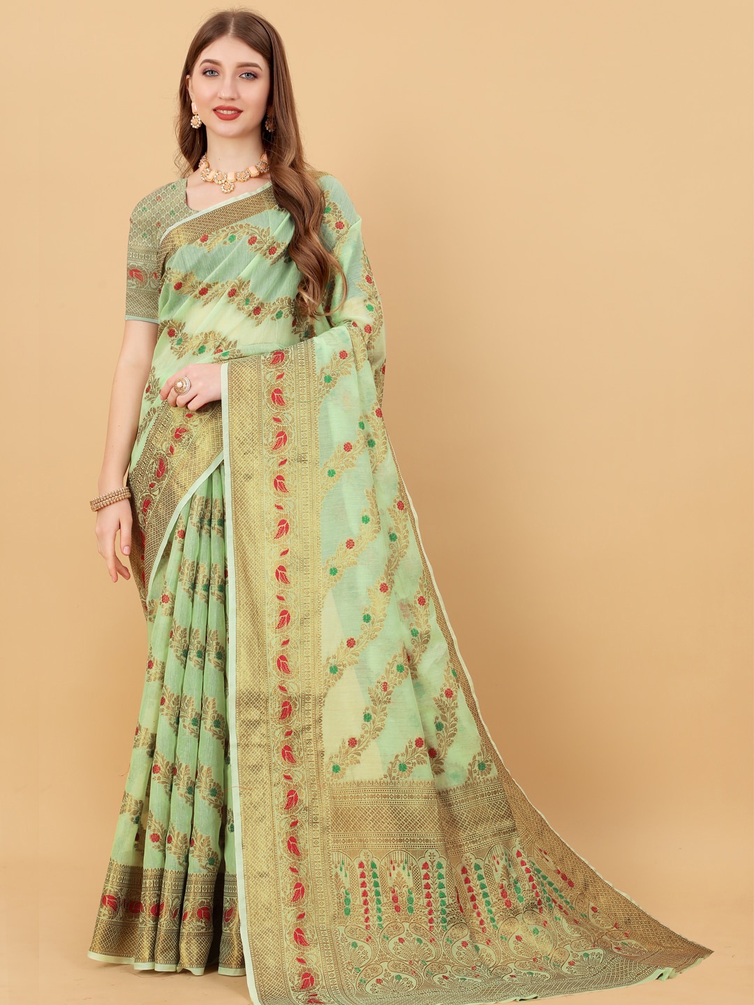 

JATRIQQ Floral Woven Design Zari Saree, Green