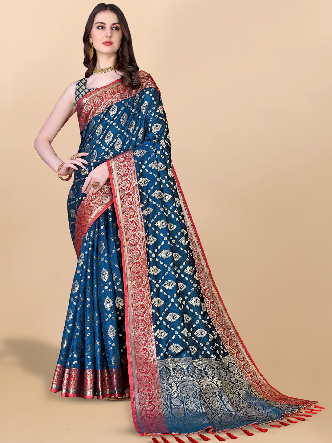 

JATRIQQ Ethnic Motifs Woven Design Zari Saree, Blue
