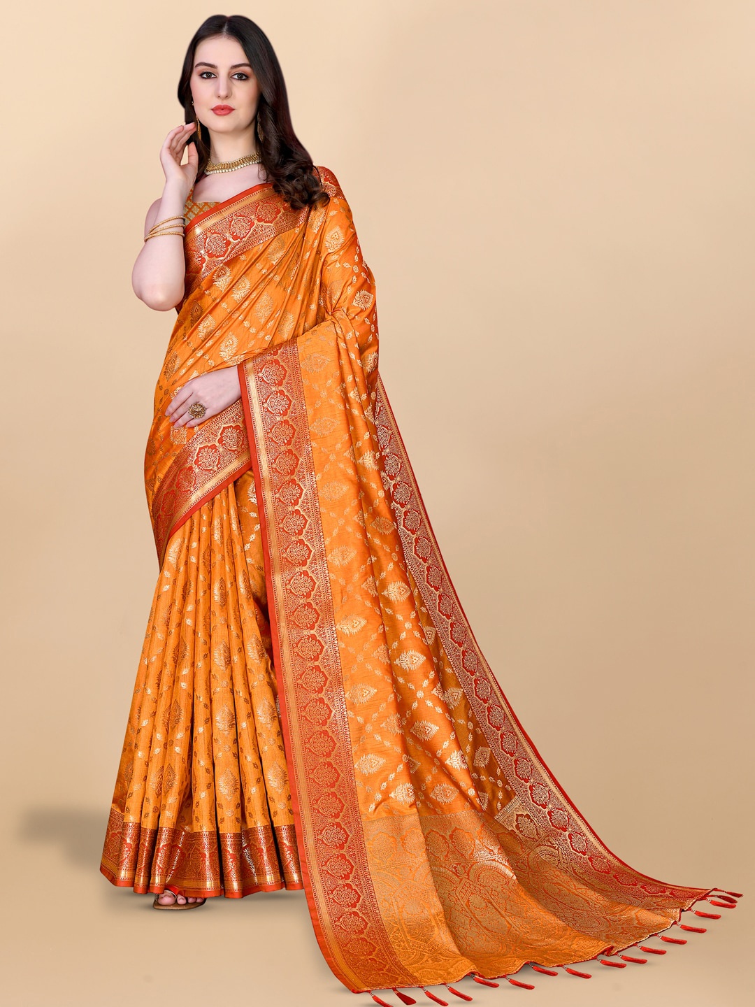 

JATRIQQ Ethnic Motifs-Toned Woven Design Zari Saree, Yellow