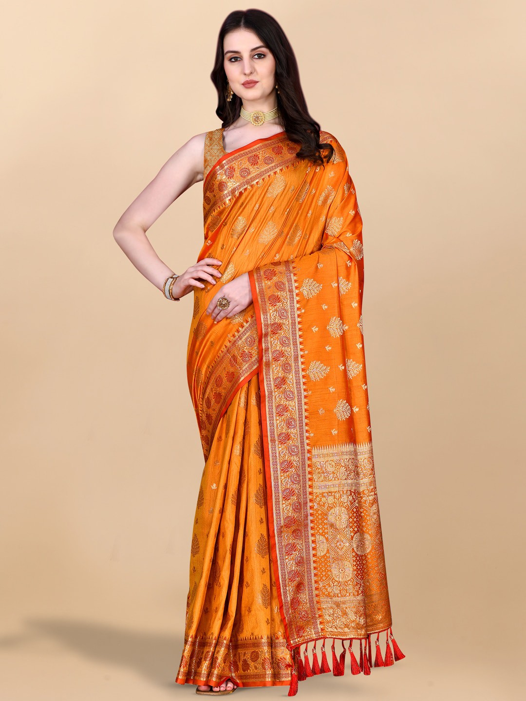 

JATRIQQ Ethnic Motifs Woven Design Zari Saree, Orange