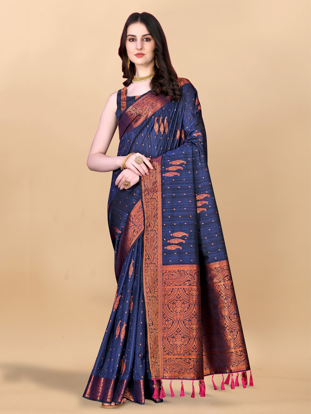 

JATRIQQ Paisley Ethnic Motifs Woven Design Zari Saree, Navy blue