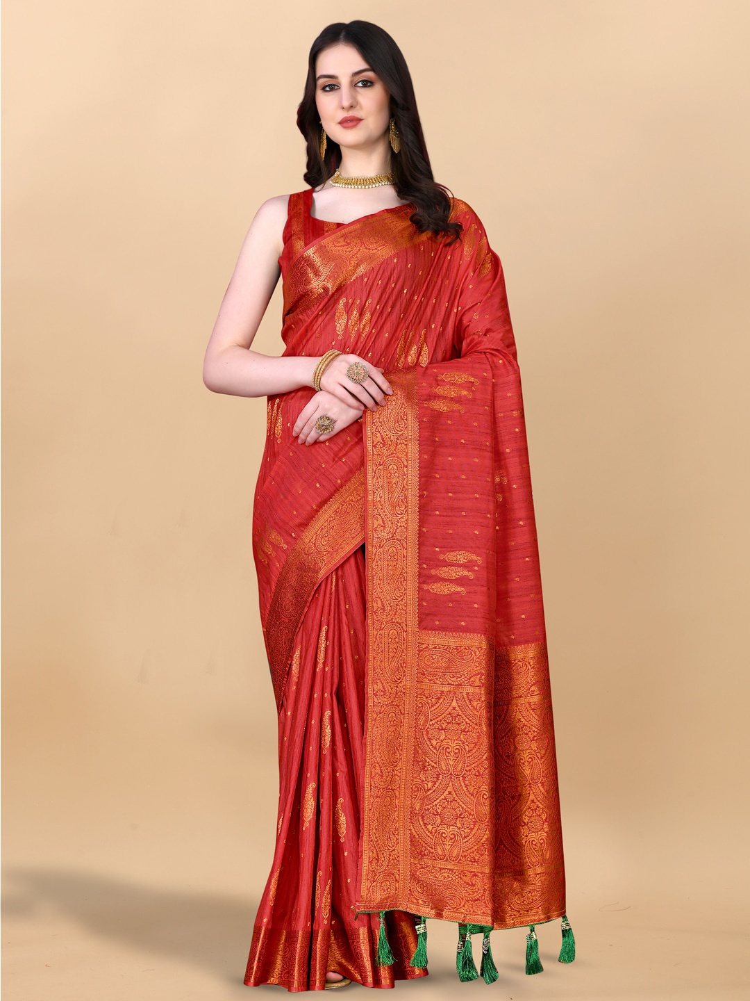 

JATRIQQ Paisley Ethnic Motifs Woven Design Zari Saree, Red