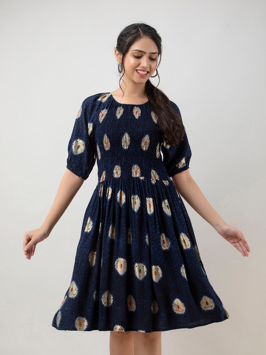 

BAESD Ethnic Motifs Printed Puff Sleeves Smocked Detail Fit & Flare Dress, Blue