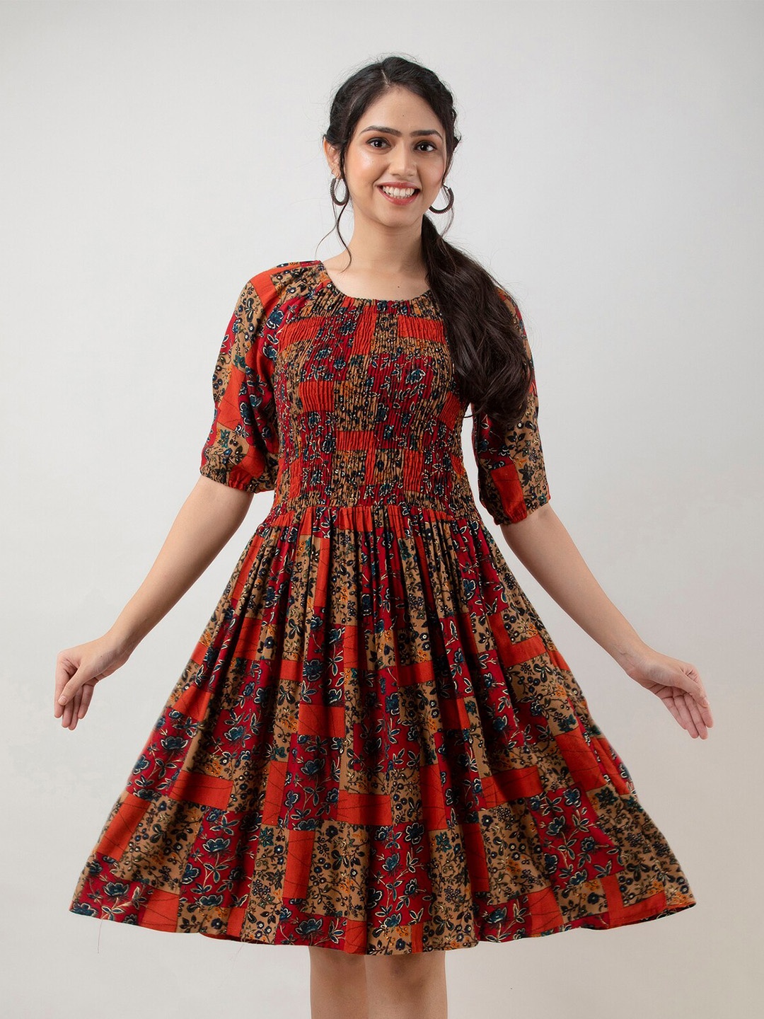 

BAESD Floral Printed Puff Sleeve Smocked Fit & Flare Dress, Red