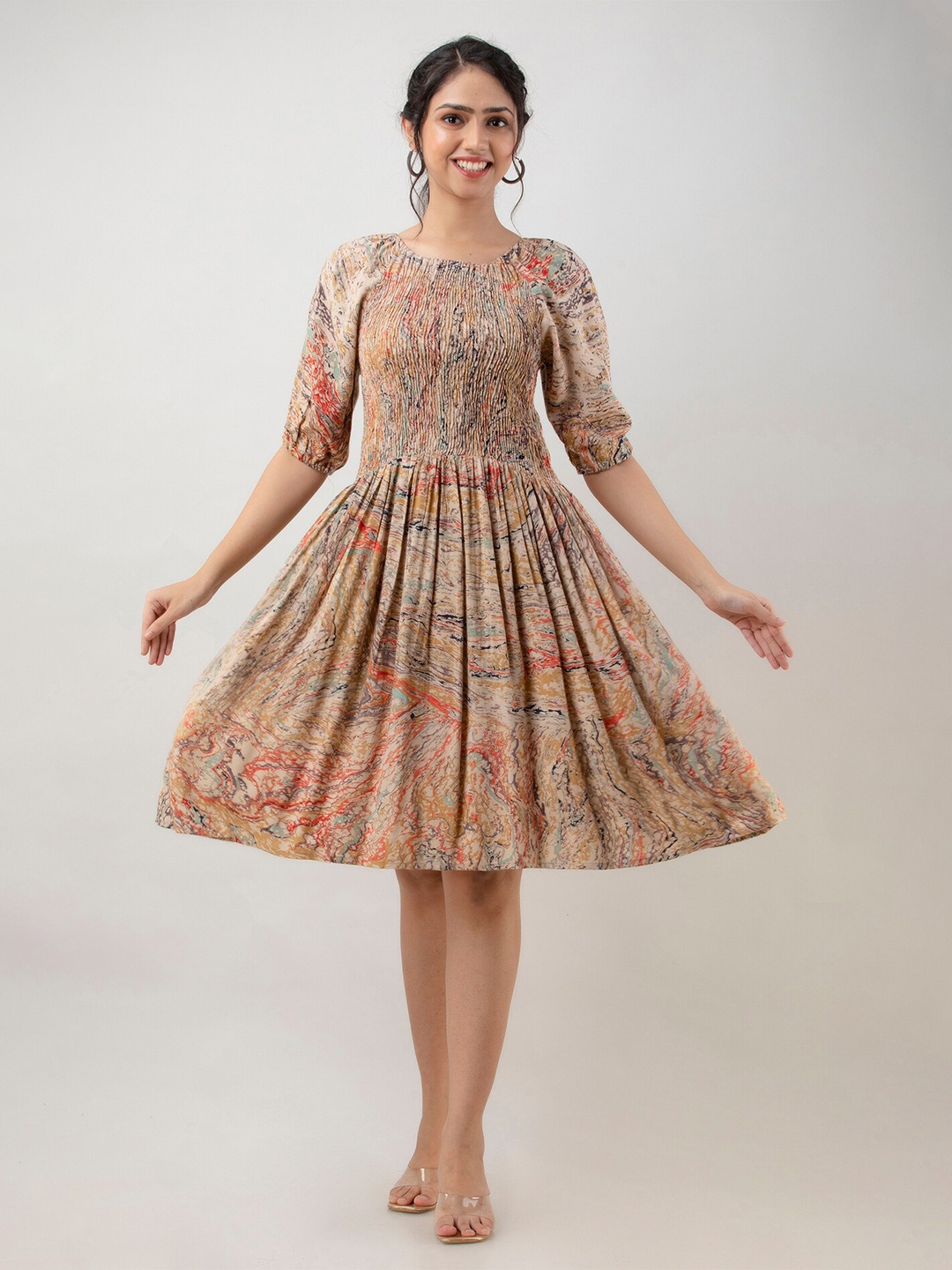 

BAESD Abstract Printed Round Neck Puff Sleeve Smocked Fit & Flare Dress, Beige