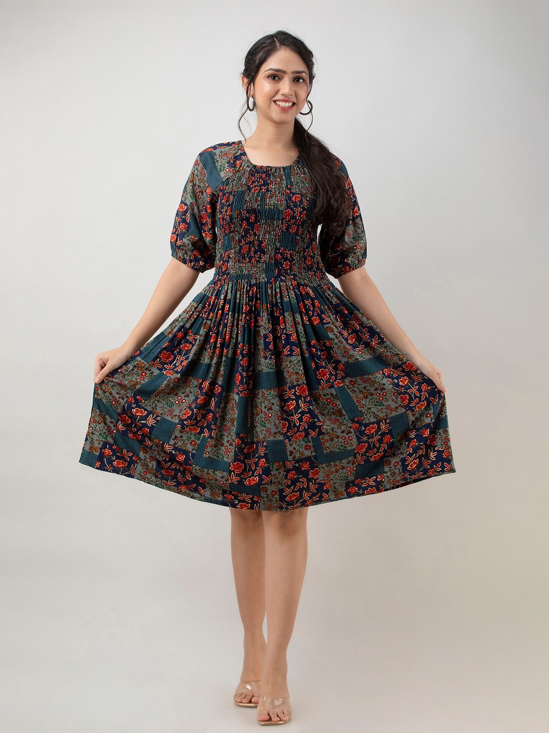 

BAESD Floral Printed Round Neck Puff Sleeve Smocked Fit & Flare Dress, Blue