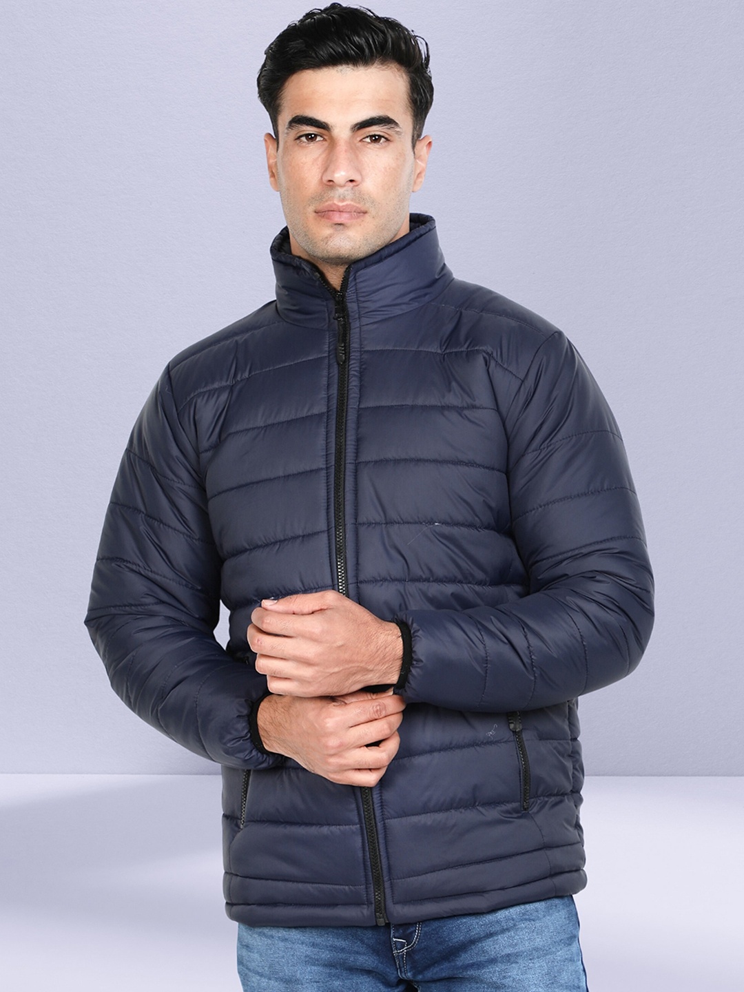 

NUEVOSDAMAS Mock Collar Puffer Jacket, Navy blue