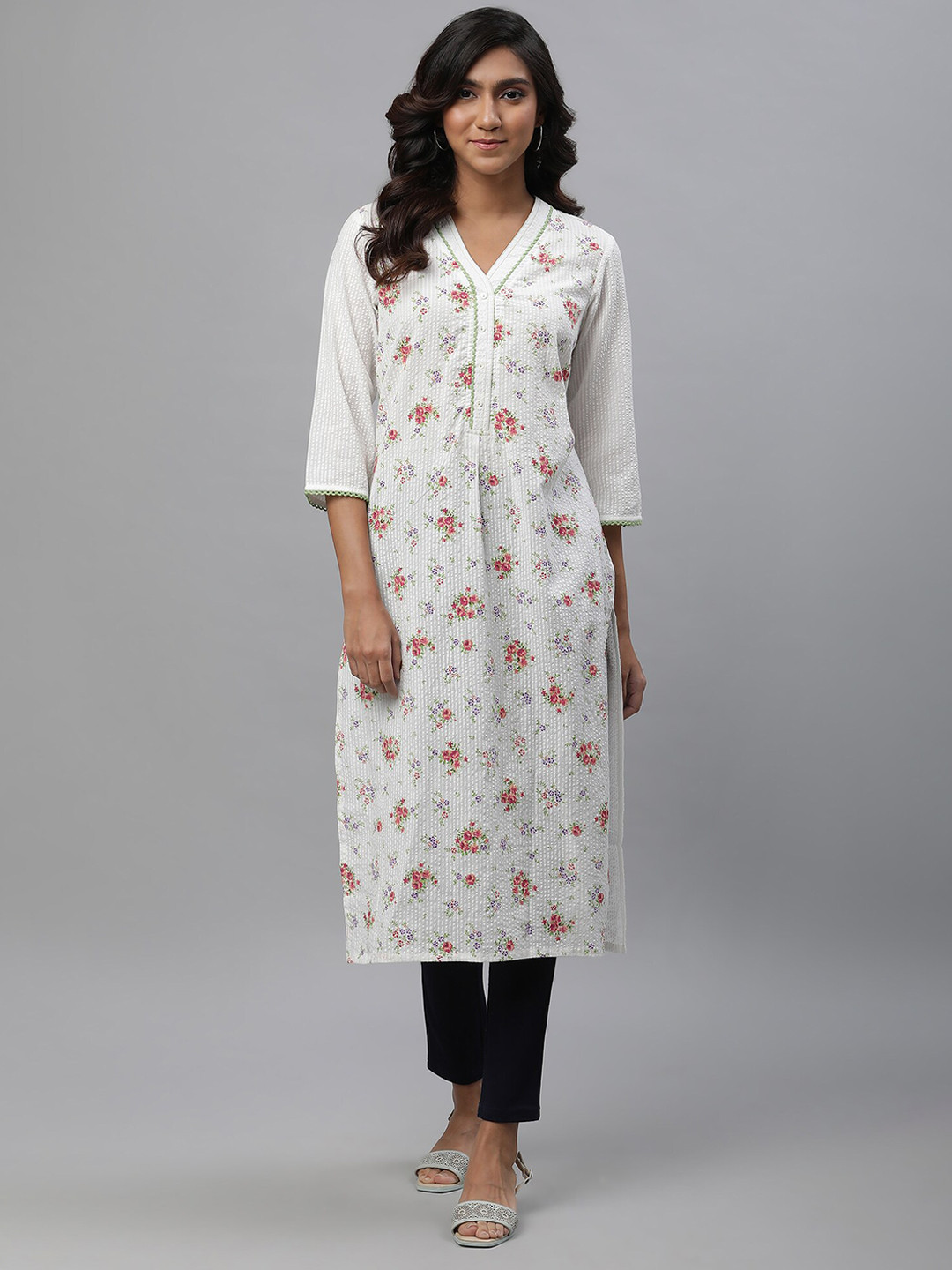 

AURELIA V Neck Ethnic Motifs Printed Thread Work A-Line Cotton Kurta, White