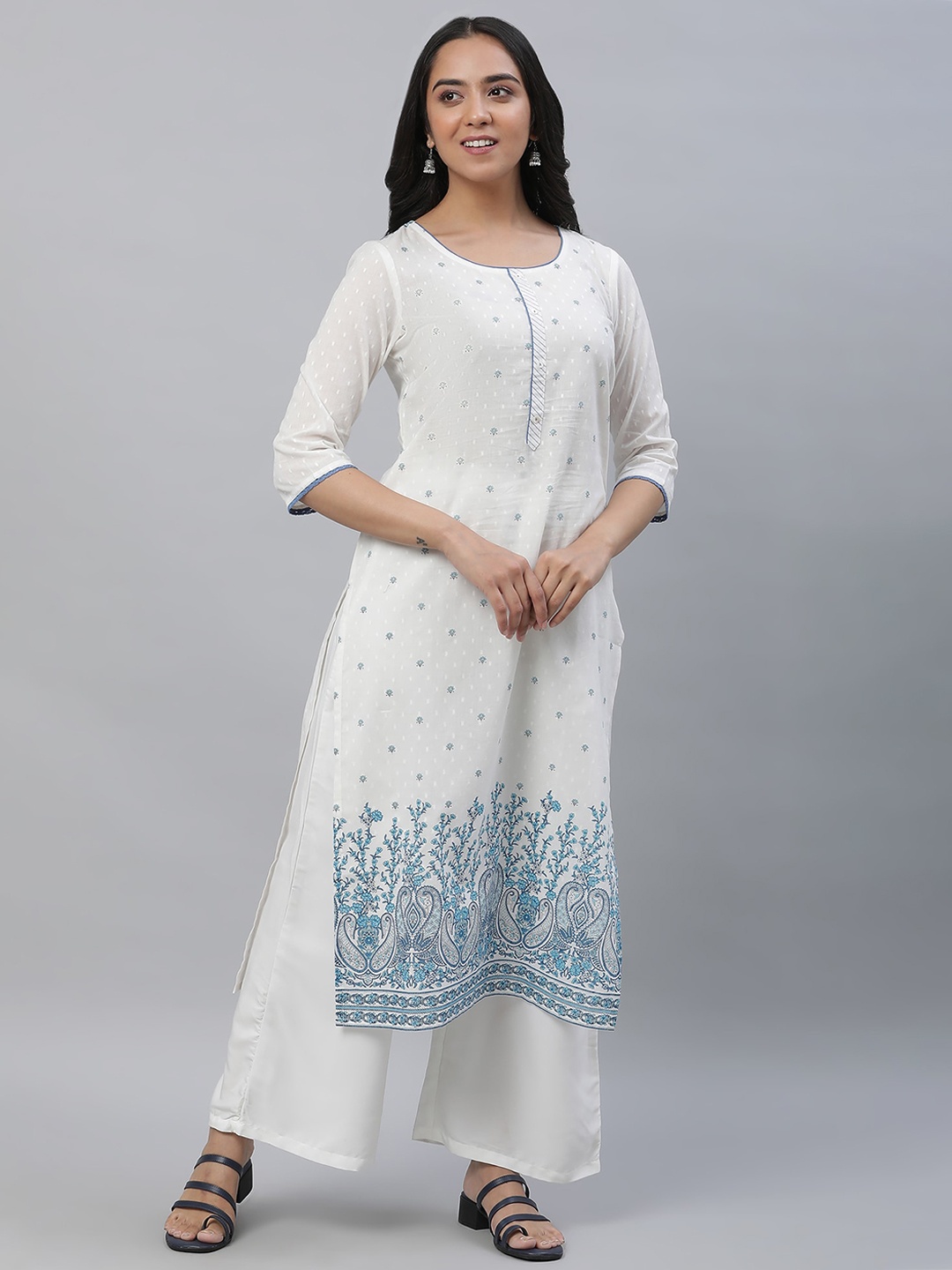 

AURELIA Round Neck Floral Printed A-Line Cotton Kurta, White