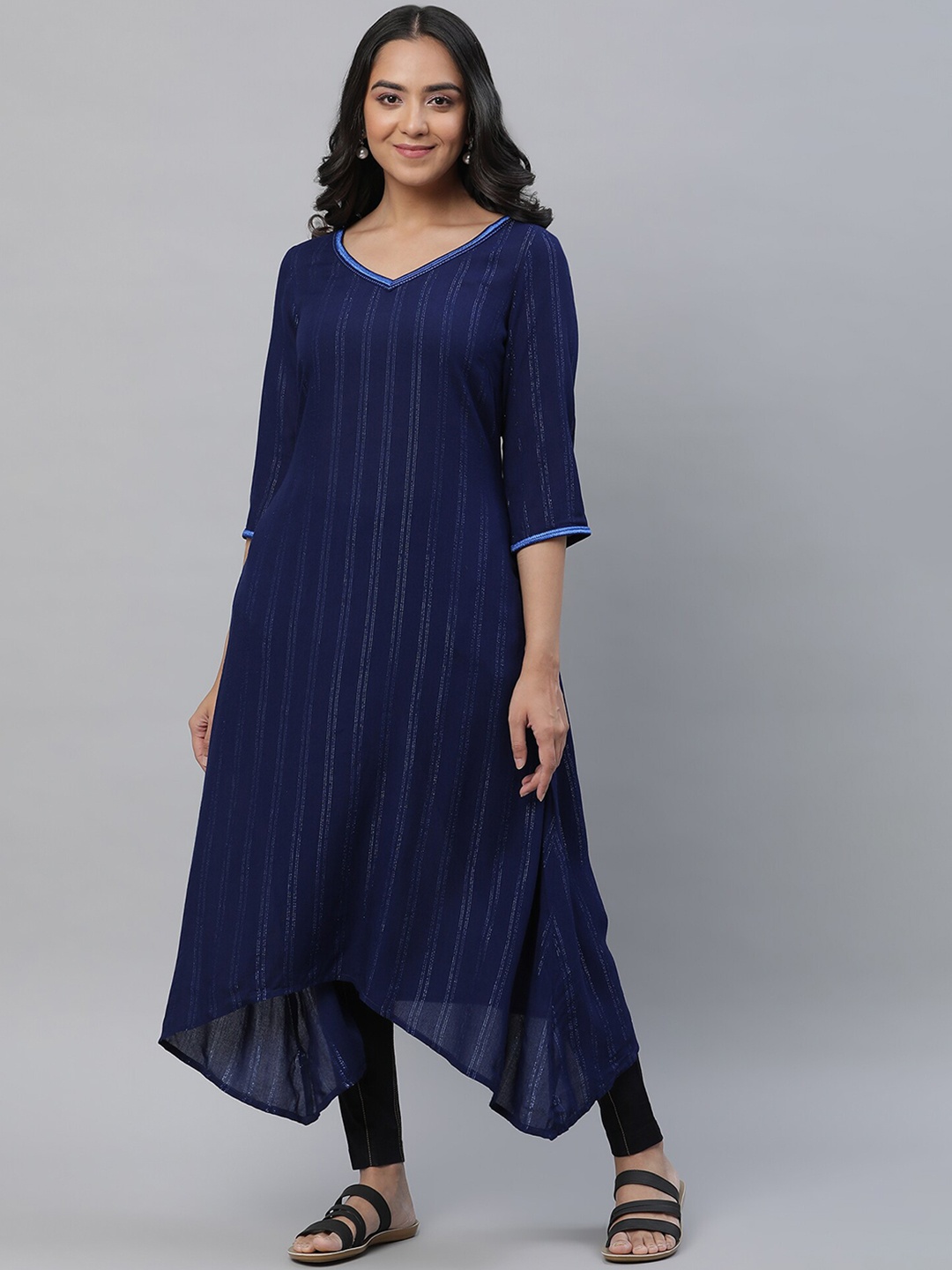 

AURELIA Striped Woven Design V-Neck Thread Work Detailed Asymmetric ALine Kurta, Blue