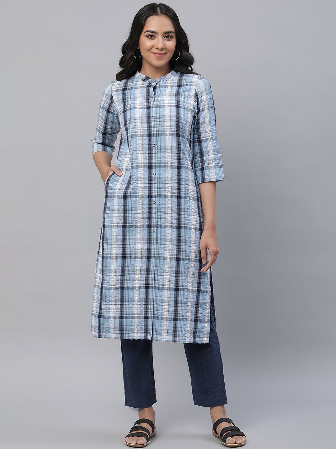 

AURELIA Band Collar Checked Straight Cotton Kurta, Blue