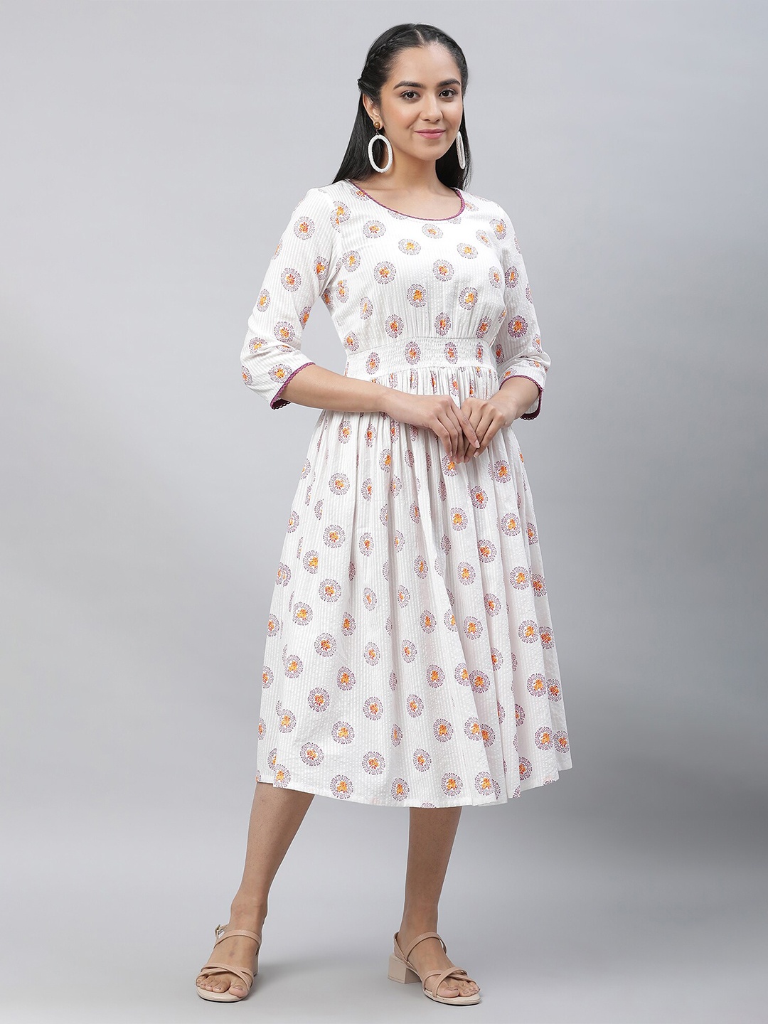 

AURELIA Floral Printed Round Neck Smocked Pure Cotton Fit & Flare Midi Dress, White