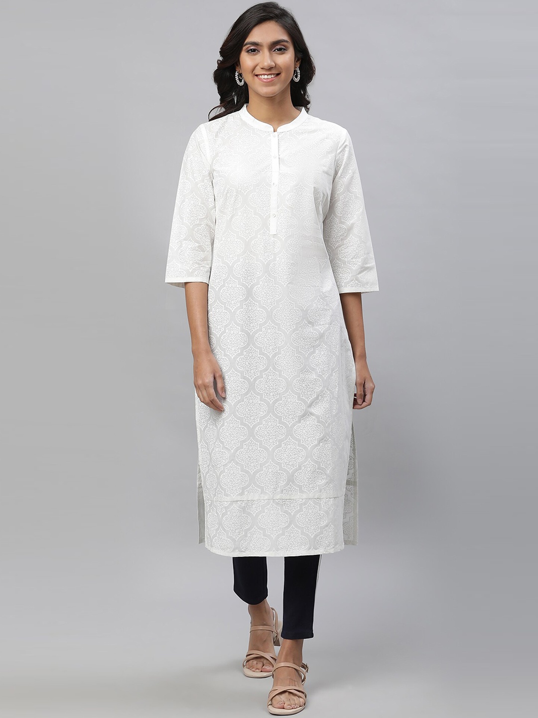 

AURELIA Ethnic Motifs Printed Mandarin Collar Pure Cotton Kurta, White