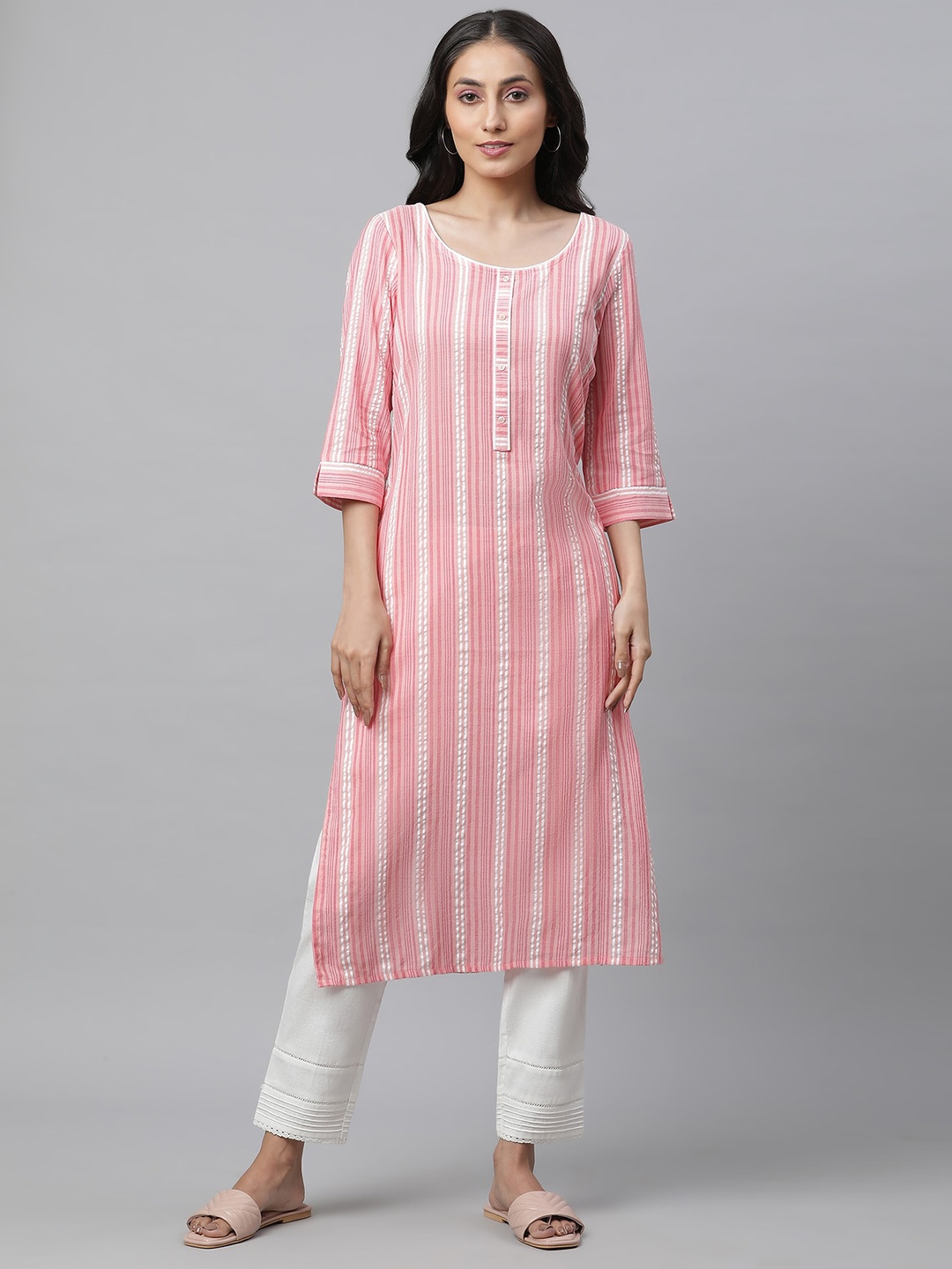 

AURELIA Round Neck Striped Printed Straight Cotton Kurta, Peach