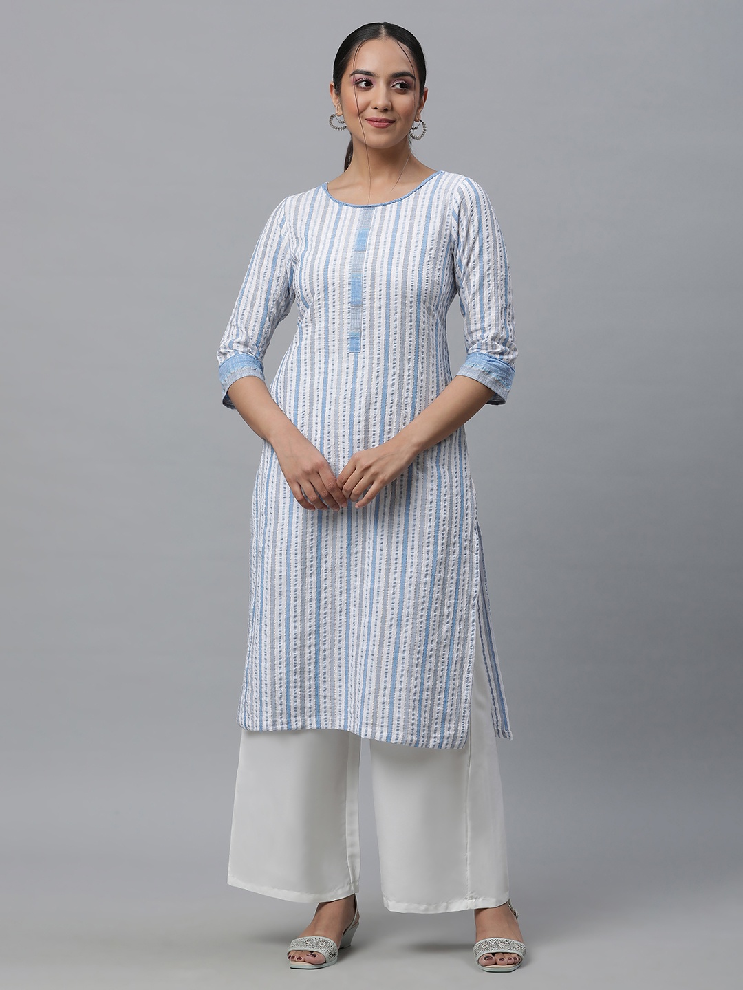 

AURELIA Striped Woven Design Straight Kurta, Off white