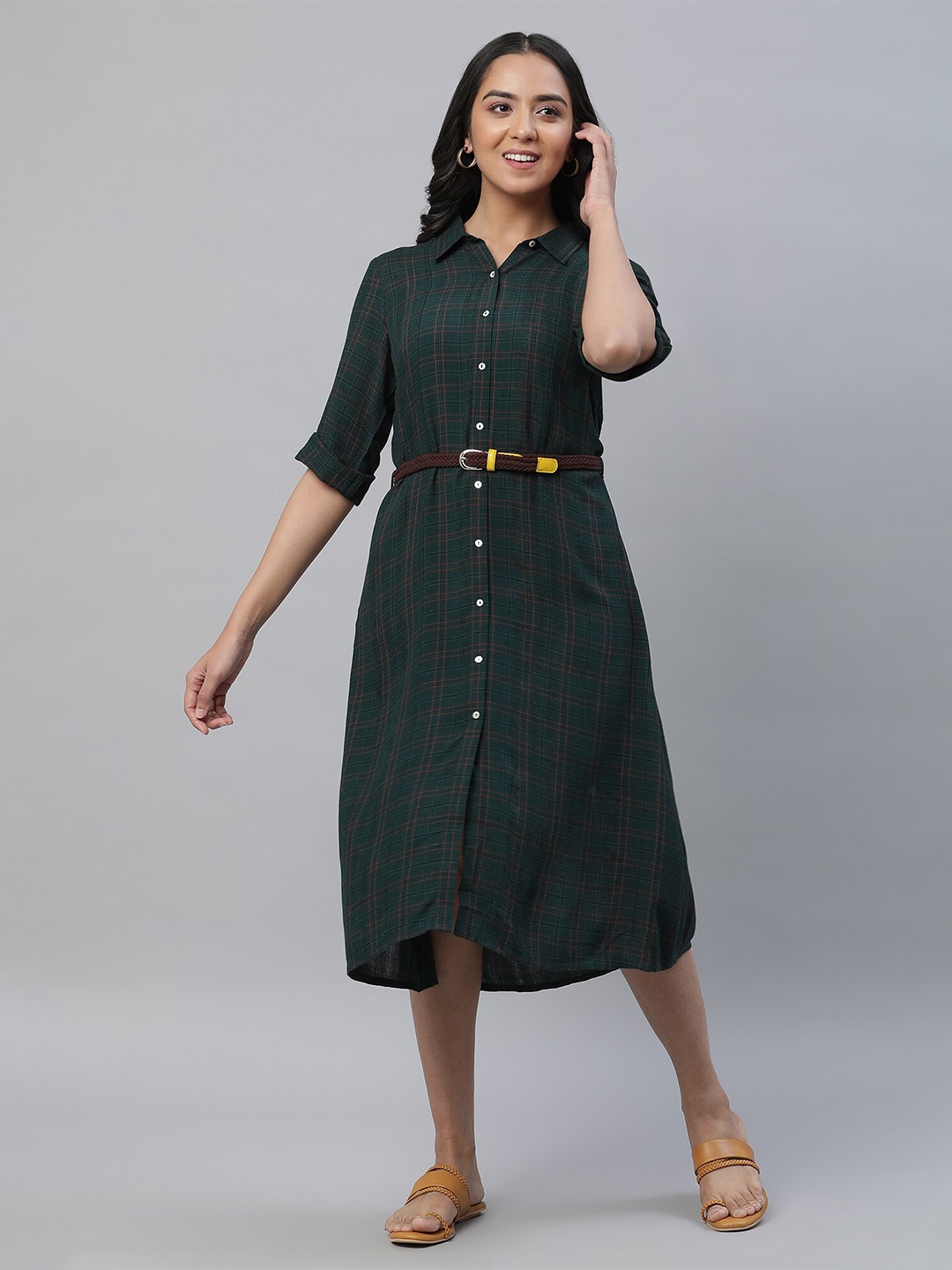 

AURELIA Checked Shirt Collar Roll-Up Sleeve Belted Shirt Midi Dress, Green