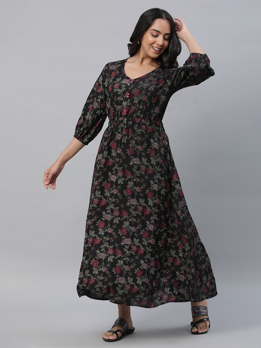 

AURELIA Floral Printed V-Neck Puff Sleeve Gathered Fit & Flare Maxi Dress, Black