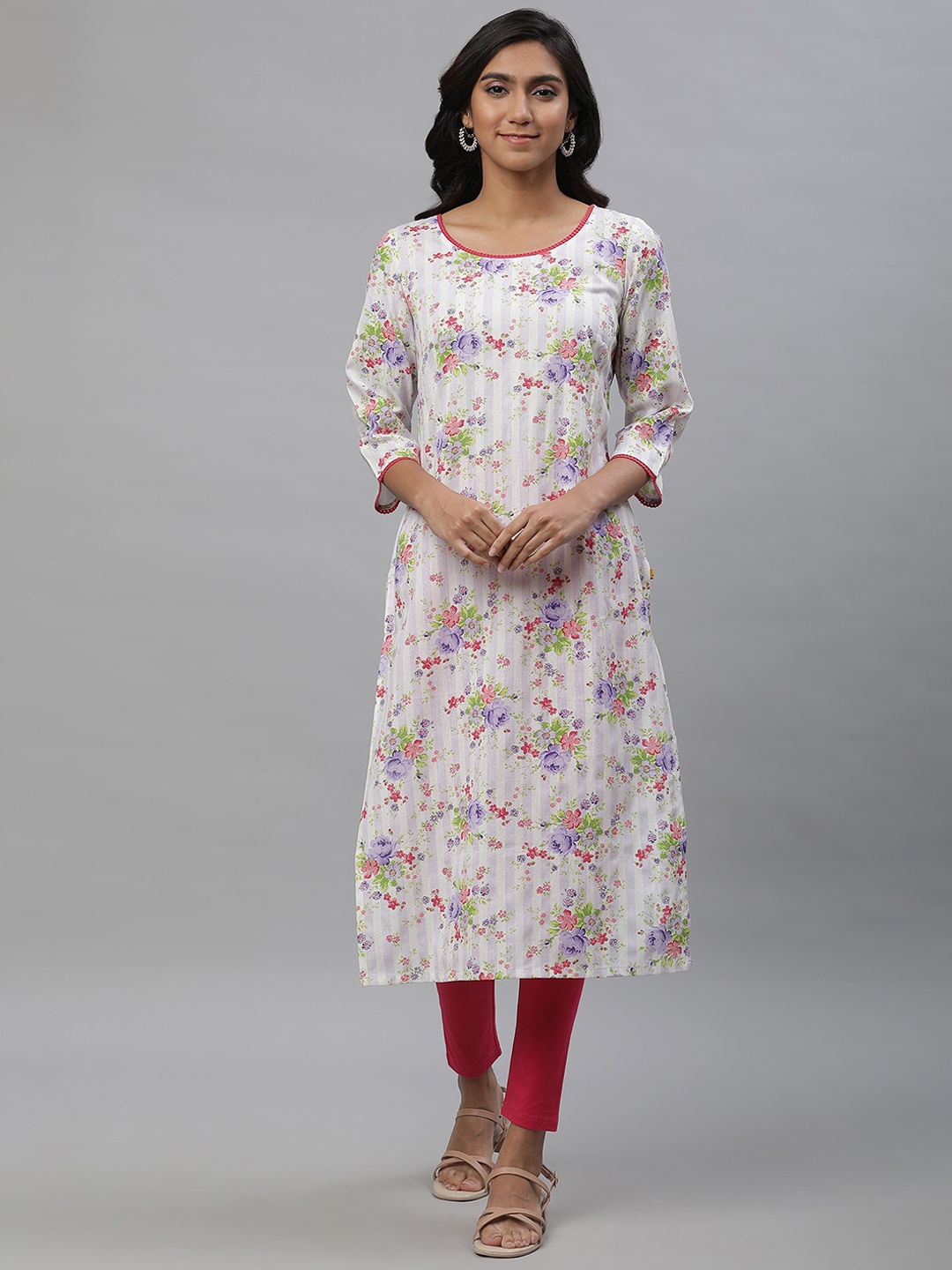 

AURELIA Floral Printed Lace Insert Round Neck Pure Cotton Kurta, White