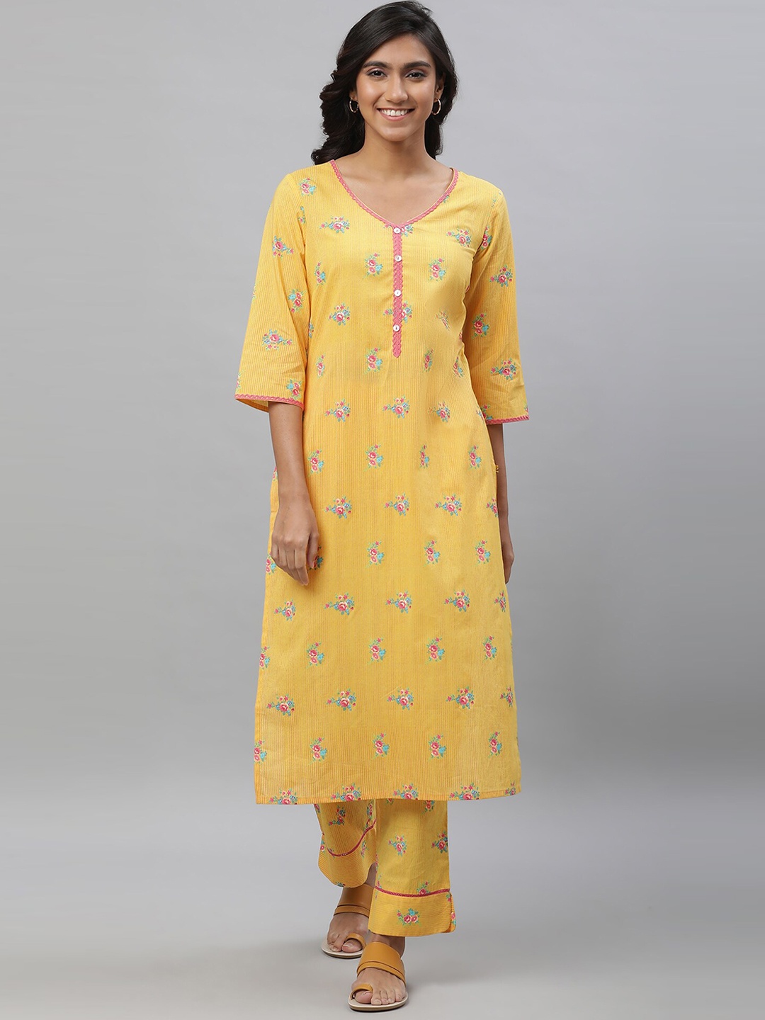 

AURELIA Floral Printed V-Neck Lace Detailed Pure Cotton Straight Kurta, Yellow