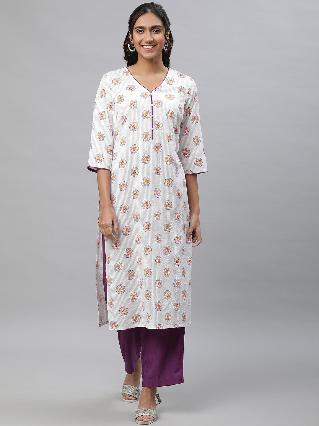 

AURELIA V Neck Floral Printed A-Line Cotton Kurta, White