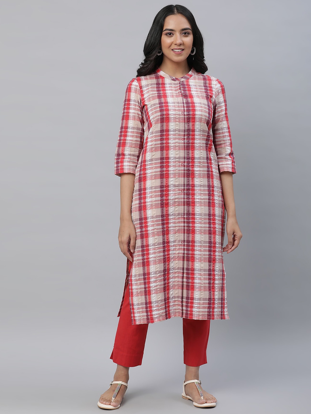 

AURELIA Band Collar Checked A-Line Cotton Kurta, Off white