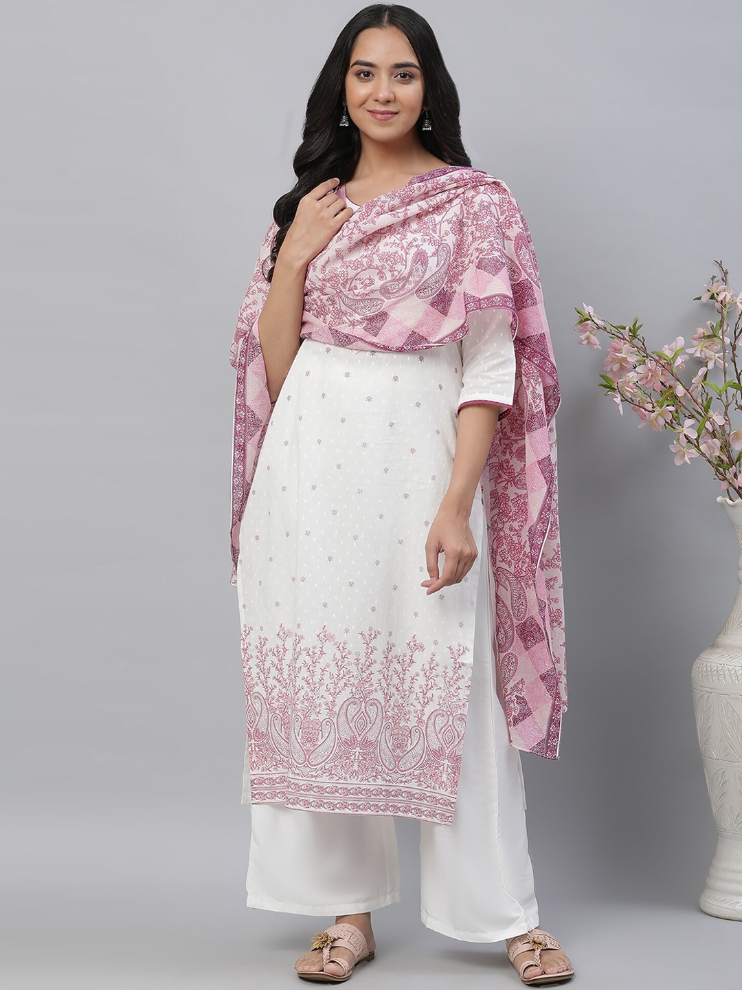 

AURELIA Round Neck Floral Printed A-Line Cotton Kurta, White