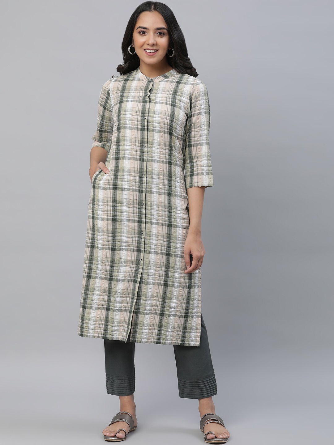 

AURELIA Checked Band Collar Seer Sucker Pure Cotton Kurta, Green