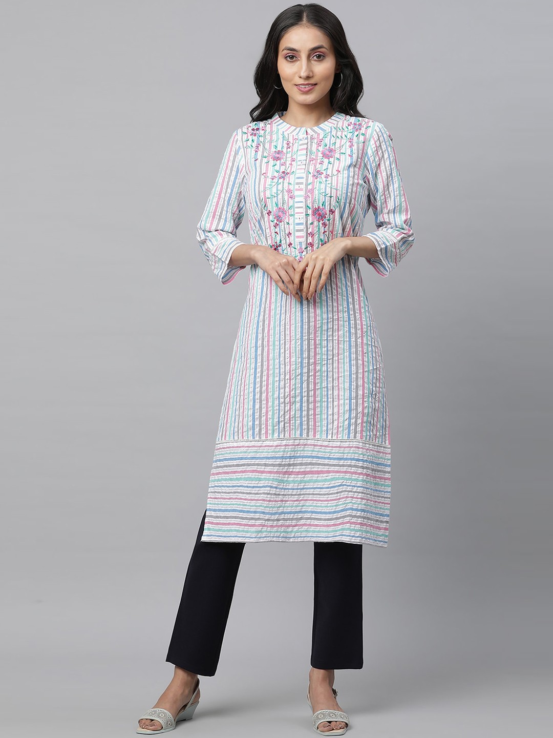 

AURELIA Floral Thread Work Yoke Design Striped Printed Mandarin Collar A-Line Kurta, White