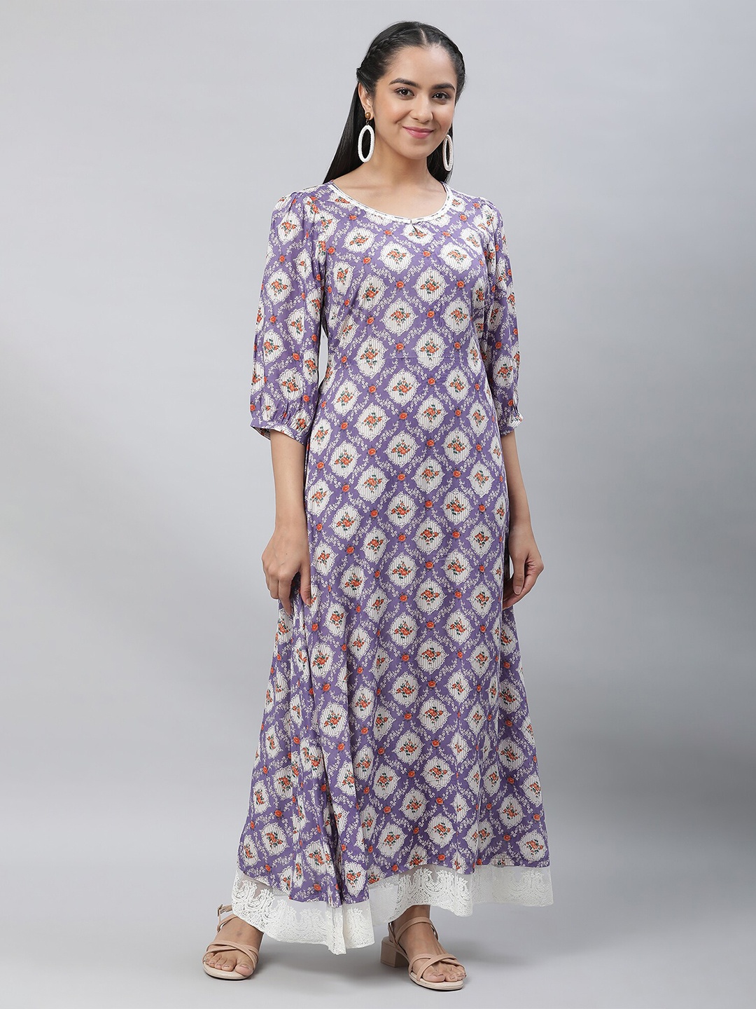 

AURELIA Floral Printed Keyhole Neck Puff Sleeve Lace Inserts A-Line Maxi Dress, Purple