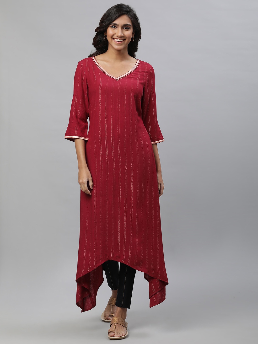 

AURELIA Zari Striped Thread Work Detailed Asymmetric Kurta, Maroon