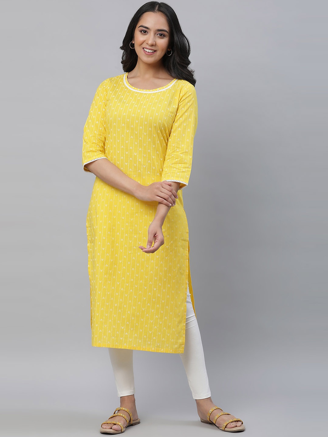 

AURELIA Geometric Printed Lace Insert Pure Cotton Straight Kurta, Yellow