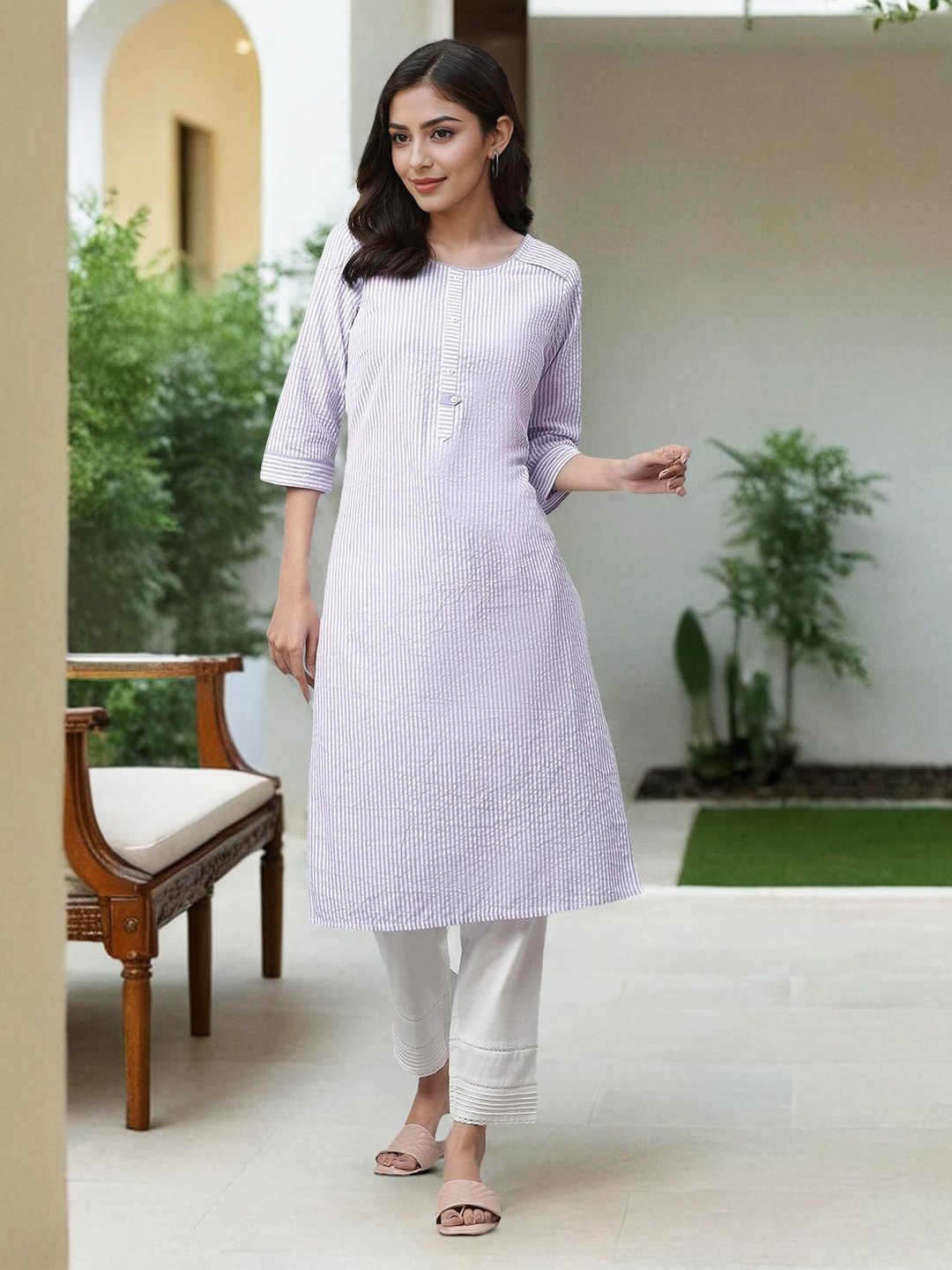 

AURELIA Striped Round Neck Seer Sucker A-Line Pure Cotton Kurta, Purple