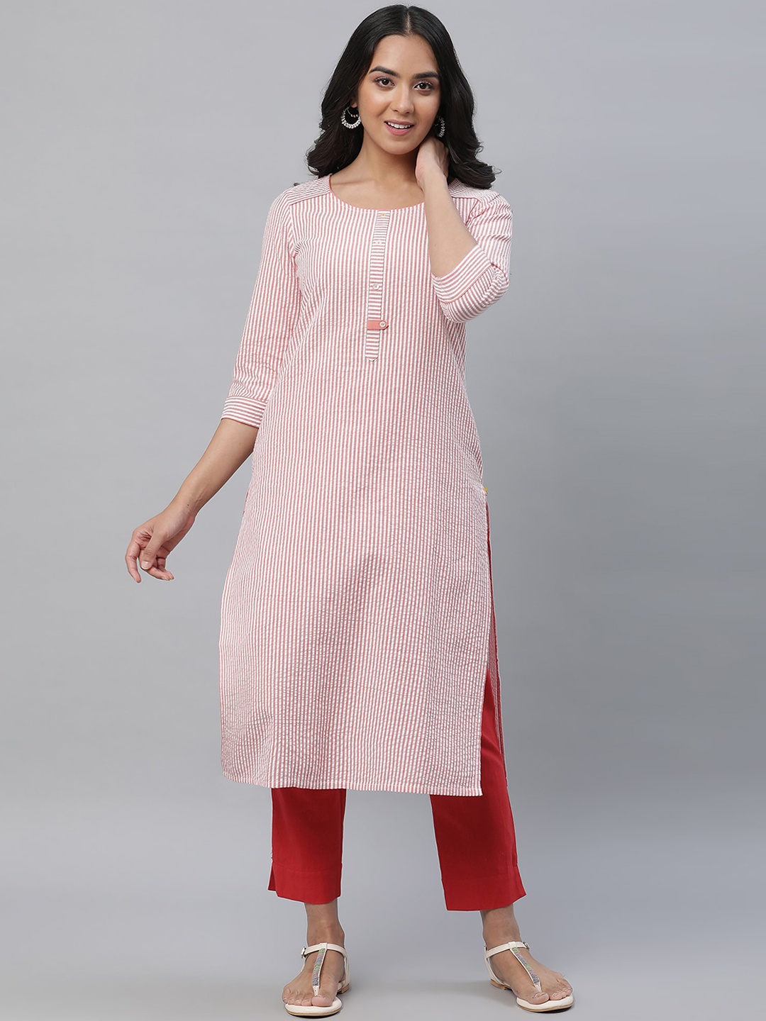 

AURELIA Round Neck Striped Printed Cotton Straight Kurta, Peach