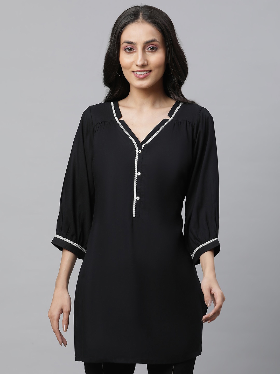 

AURELIA V-Neck Puff Sleeves Straight Kurti, Black