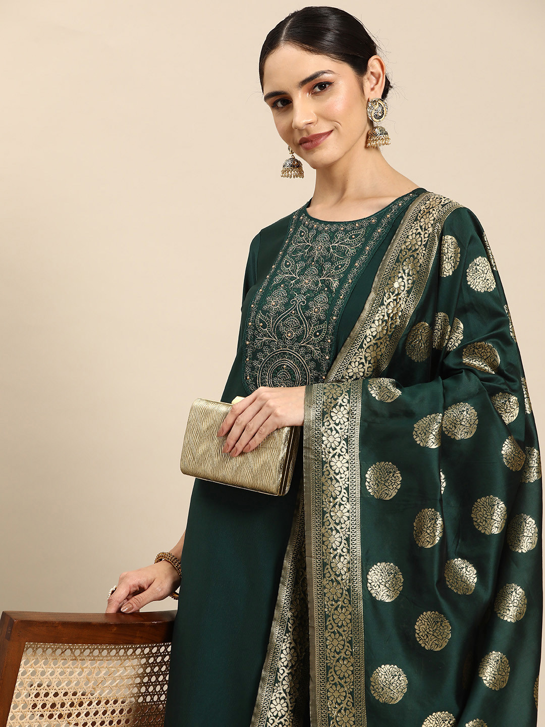 

Anouk Women Floral Yoke Design Regular Beads and Stones Kurta with Trousers & With Dupatta, Green