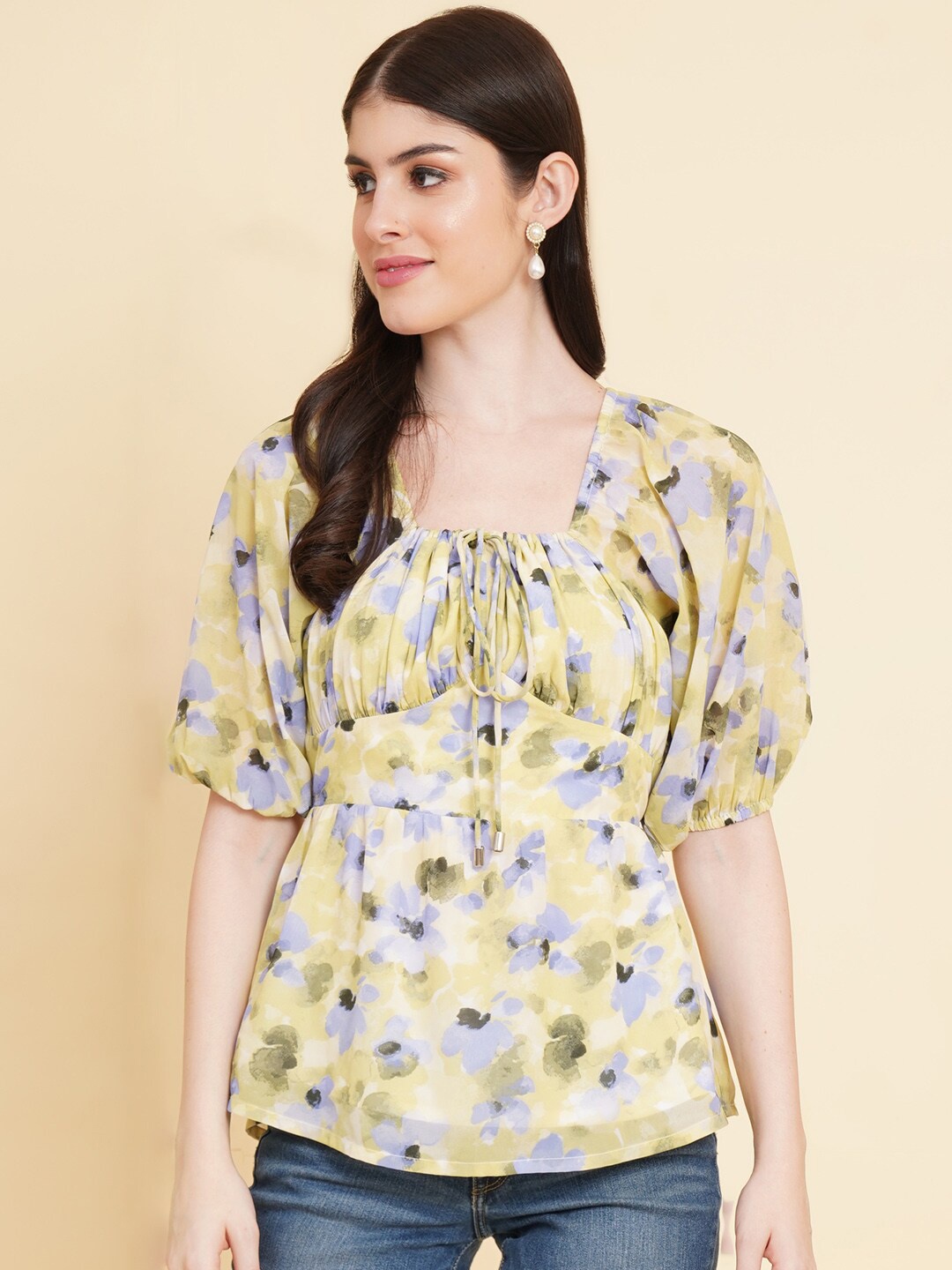 

RAASSIO Floral Printed Tie-Up Empire Top, Green