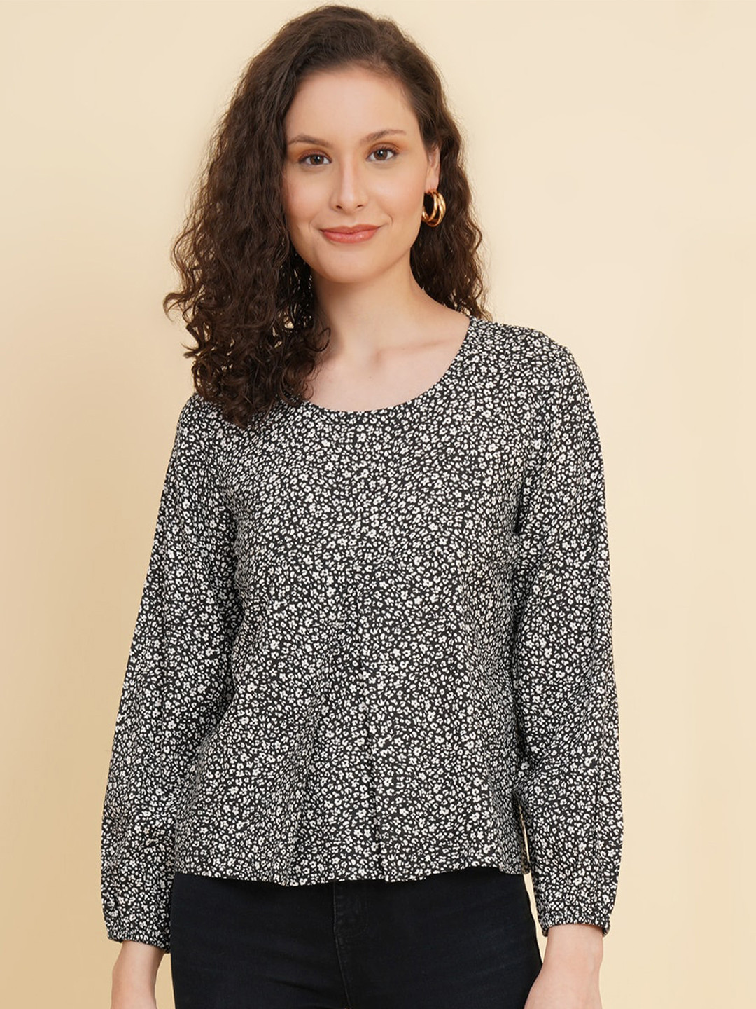 

RAASSIO Floral Printed Regular Top, Black