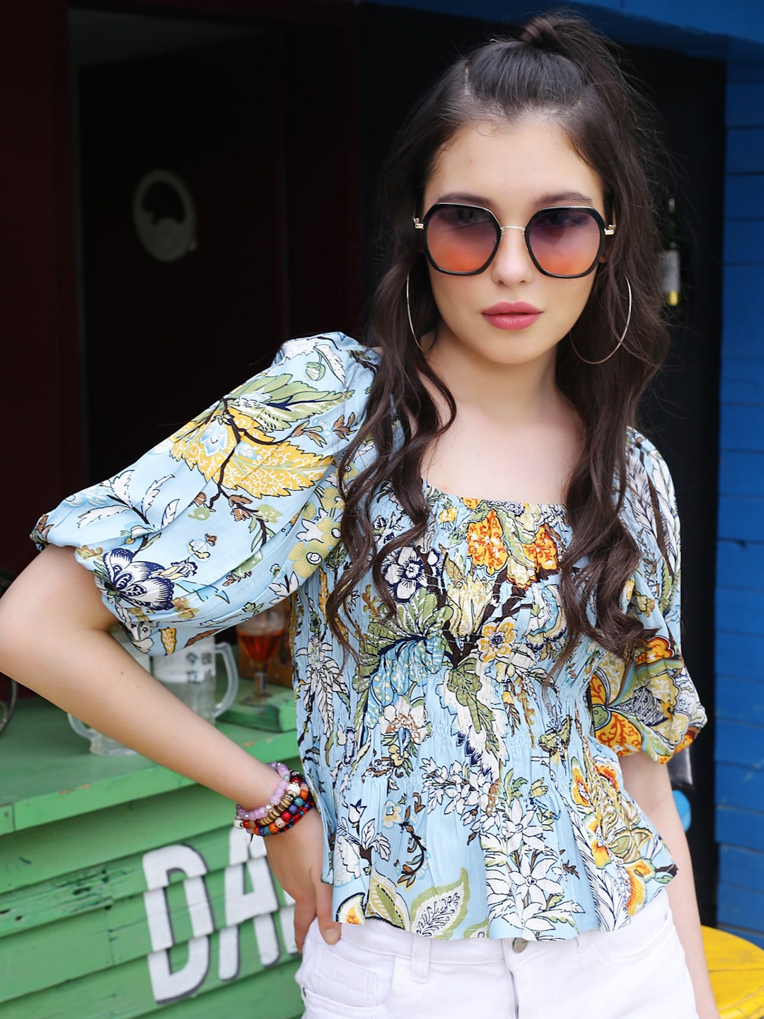 

Sera Blue Floral Printed Puff Sleeves Smocked Top