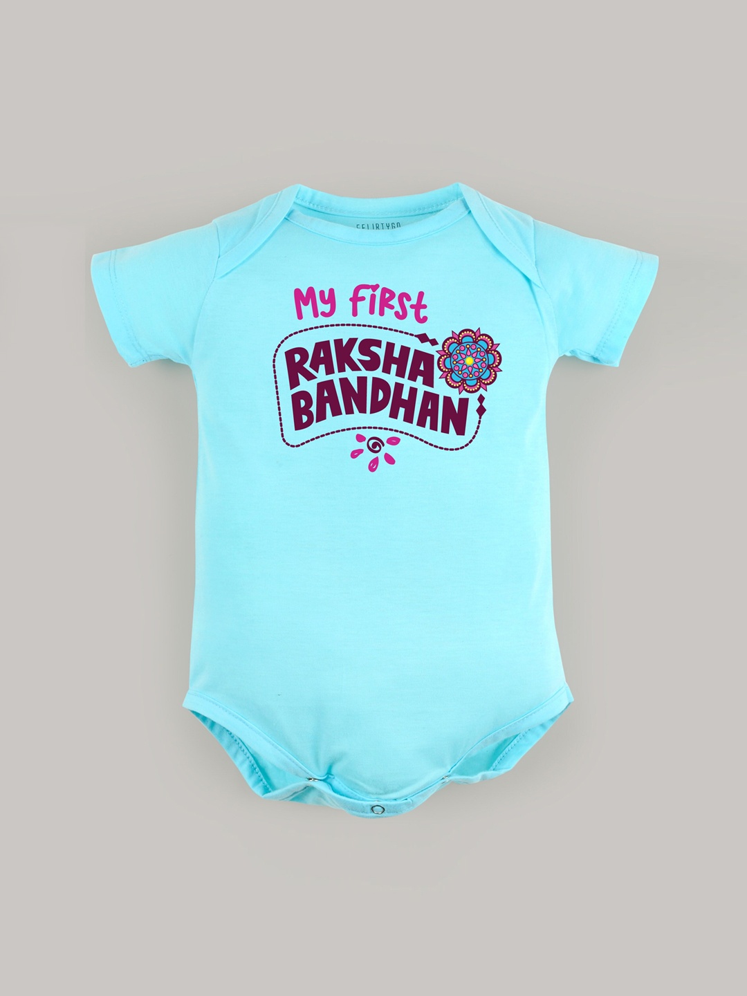 

FFLIRTYGO Infant Kids Printed Pure Cotton Rakhi Special Bodysuit, Turquoise blue