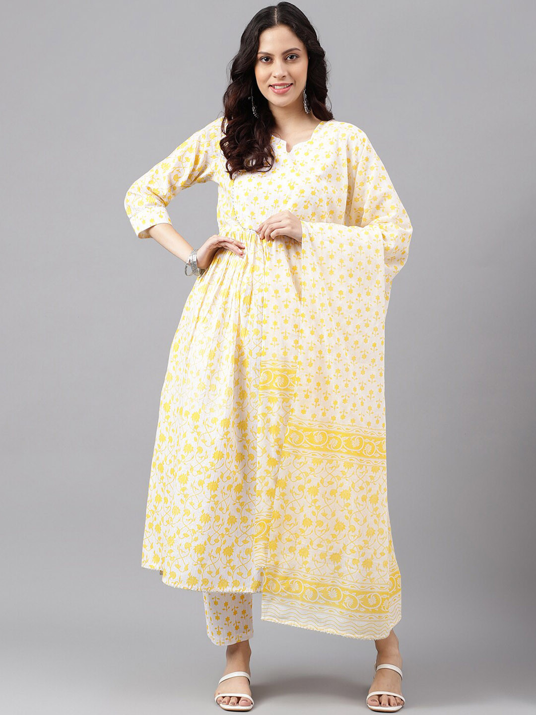 

KALINI Floral Printed Anarkali Pure Cotton Kurta with Palazzos And Dupatta, Yellow