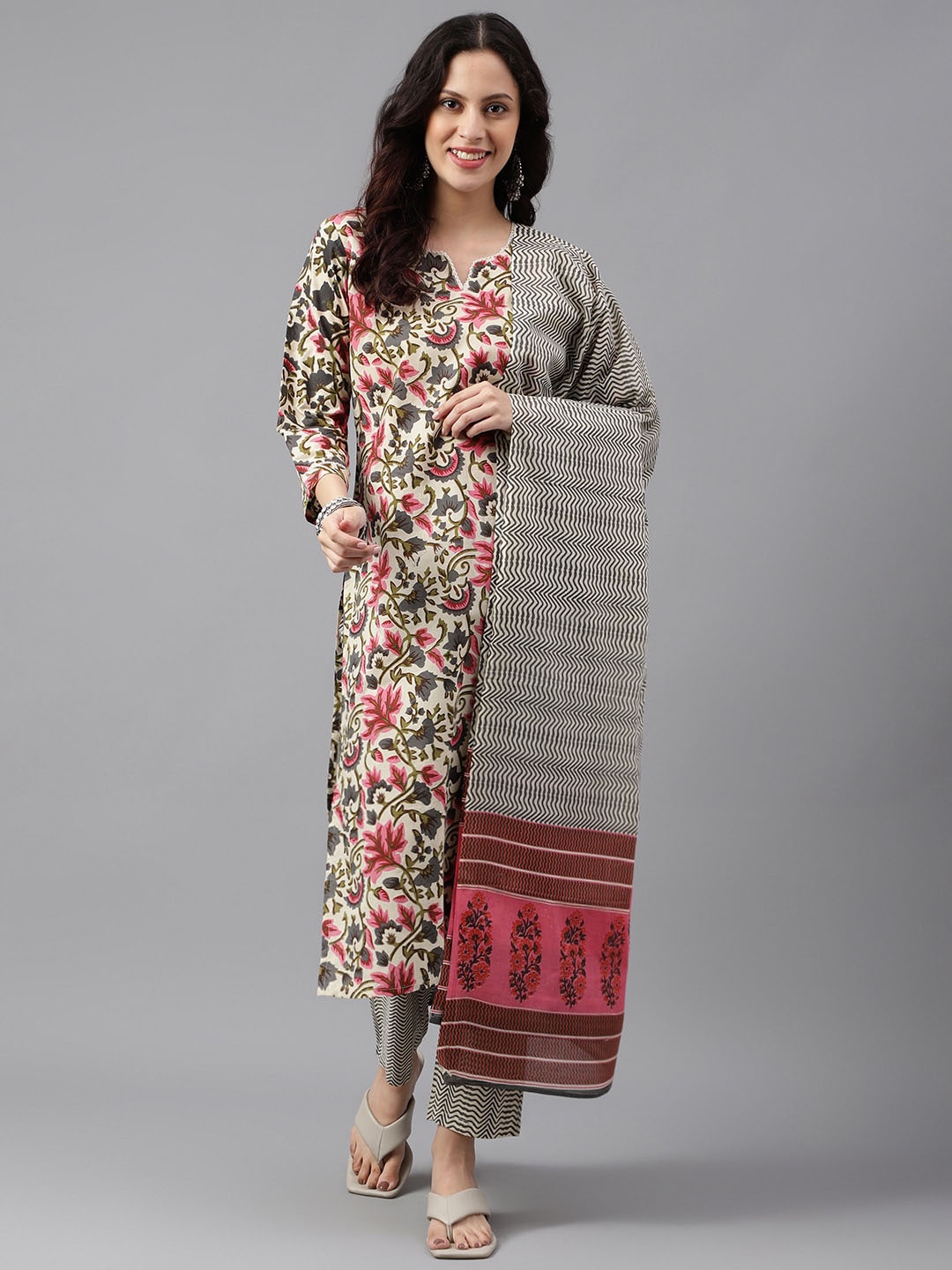 

KALINI Floral Bagru Printed Pure Cotton Straight Kurta with Palazzos & With Dupatta, Cream