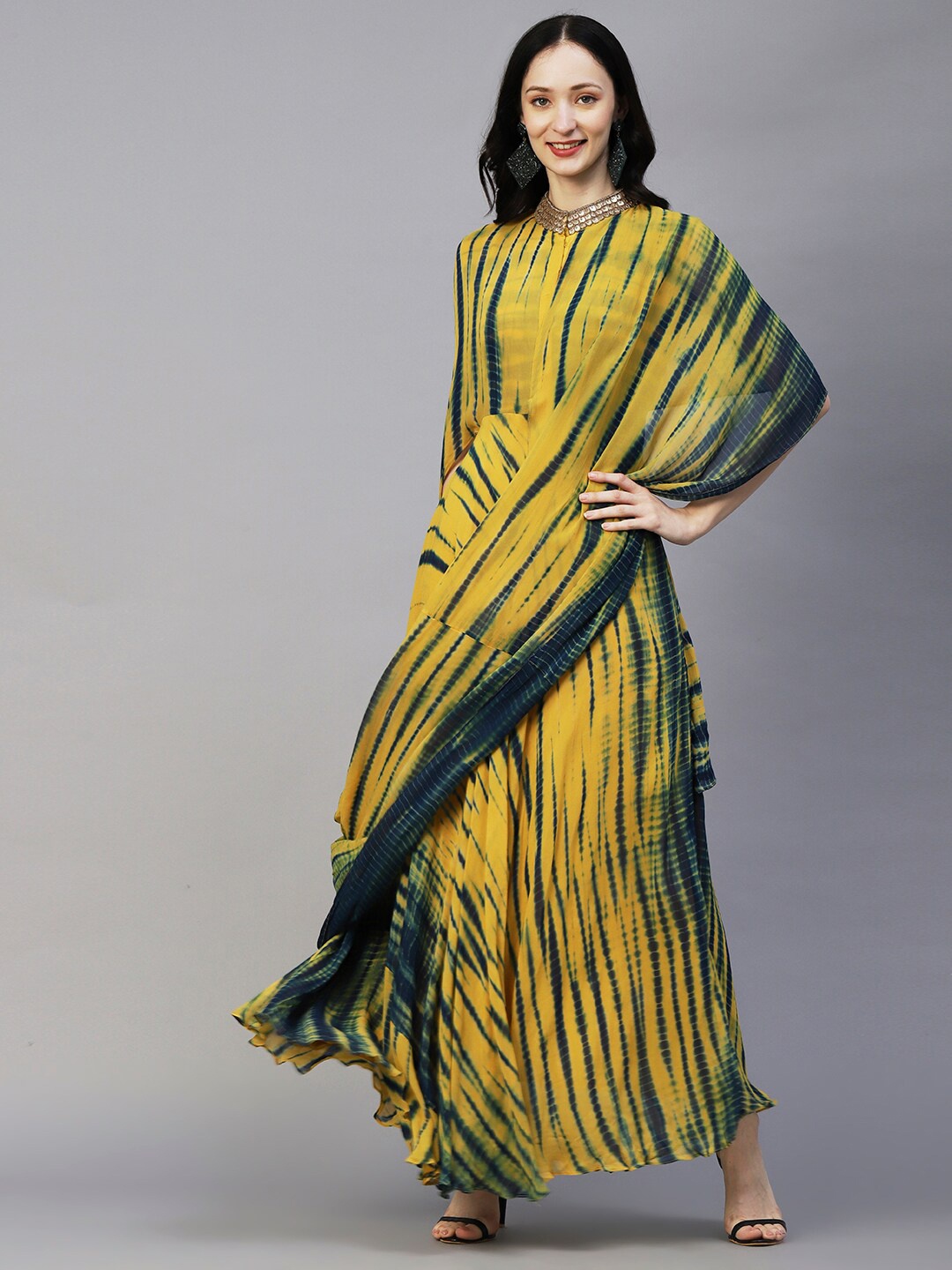 

Envy Me by FASHOR Tie & Dye Cape Sleeves Embroidered A-Line Ethnic Maxi Dress, Yellow
