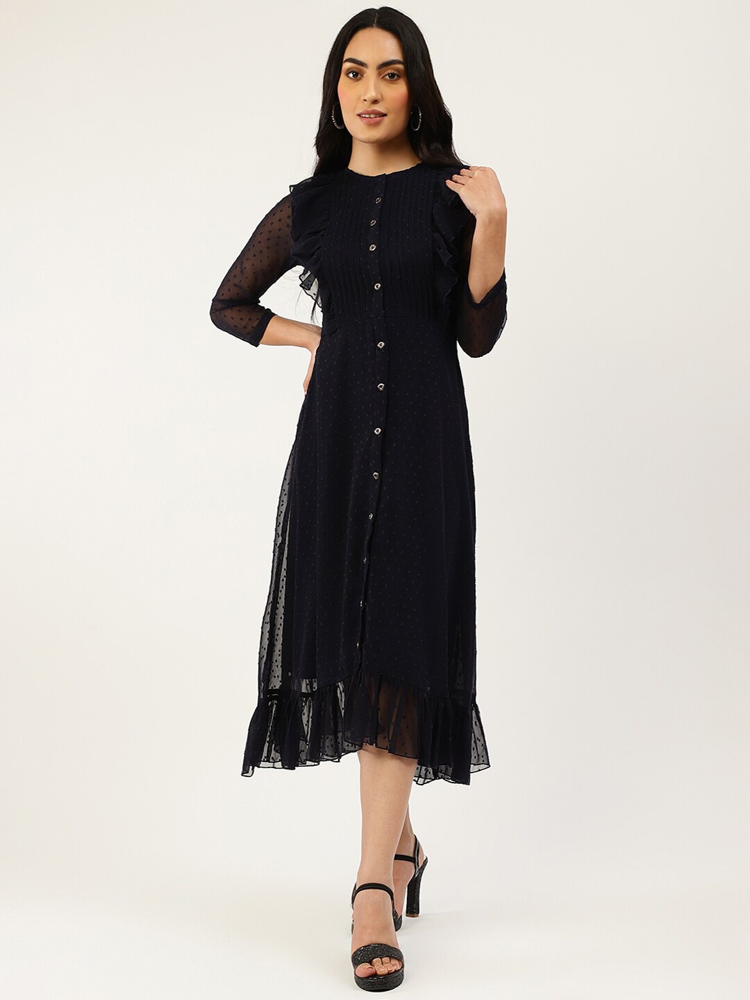 

TRENDY DIVVA Self Design Ruffled A-Line Midi Dress, Navy blue