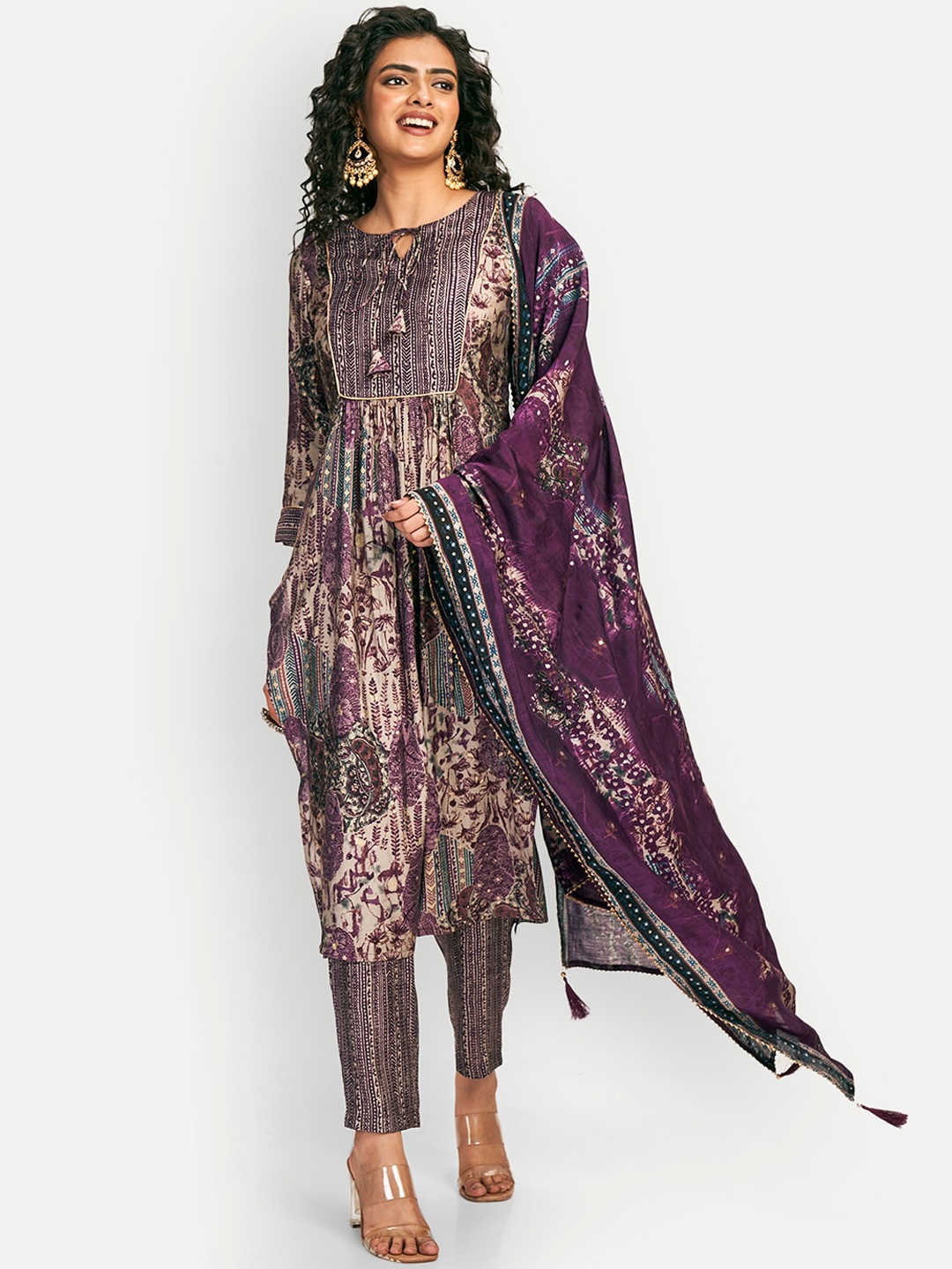 

DRESOUL Floral Printed Pleated Chanderi Cotton Kurta with Pyjamas & With Dupatta, Violet